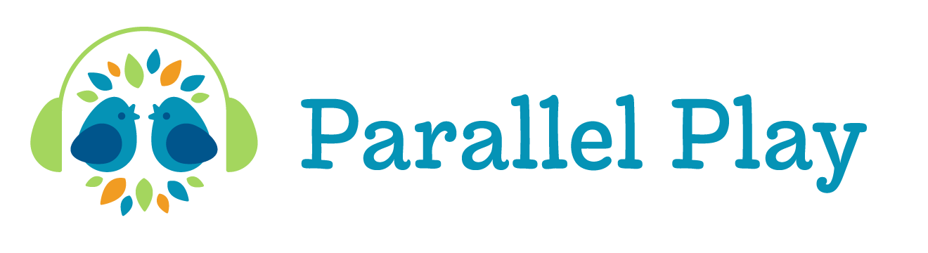Two simplistically rendered birds face each other. Leaves surround them, forming a nest shape. A set of headphones encompass the nest. Right of this graphic is the title of the podcast: Parallel Play.