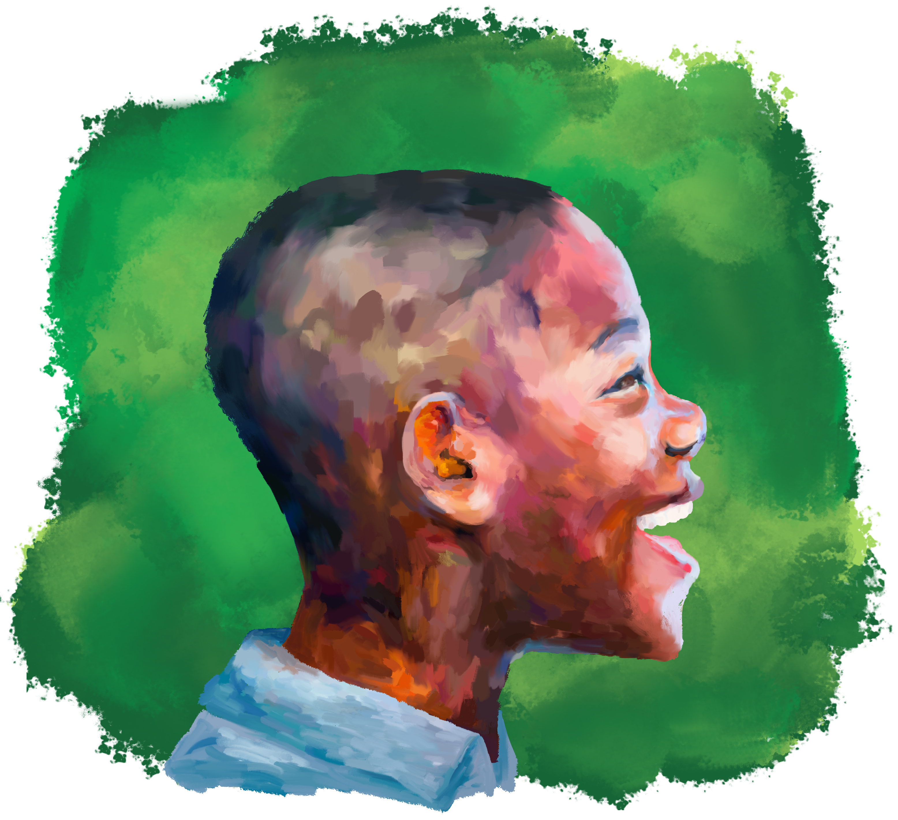 Oil painting of the bust of a smiling African American boy in profile. The background is a wash of green.