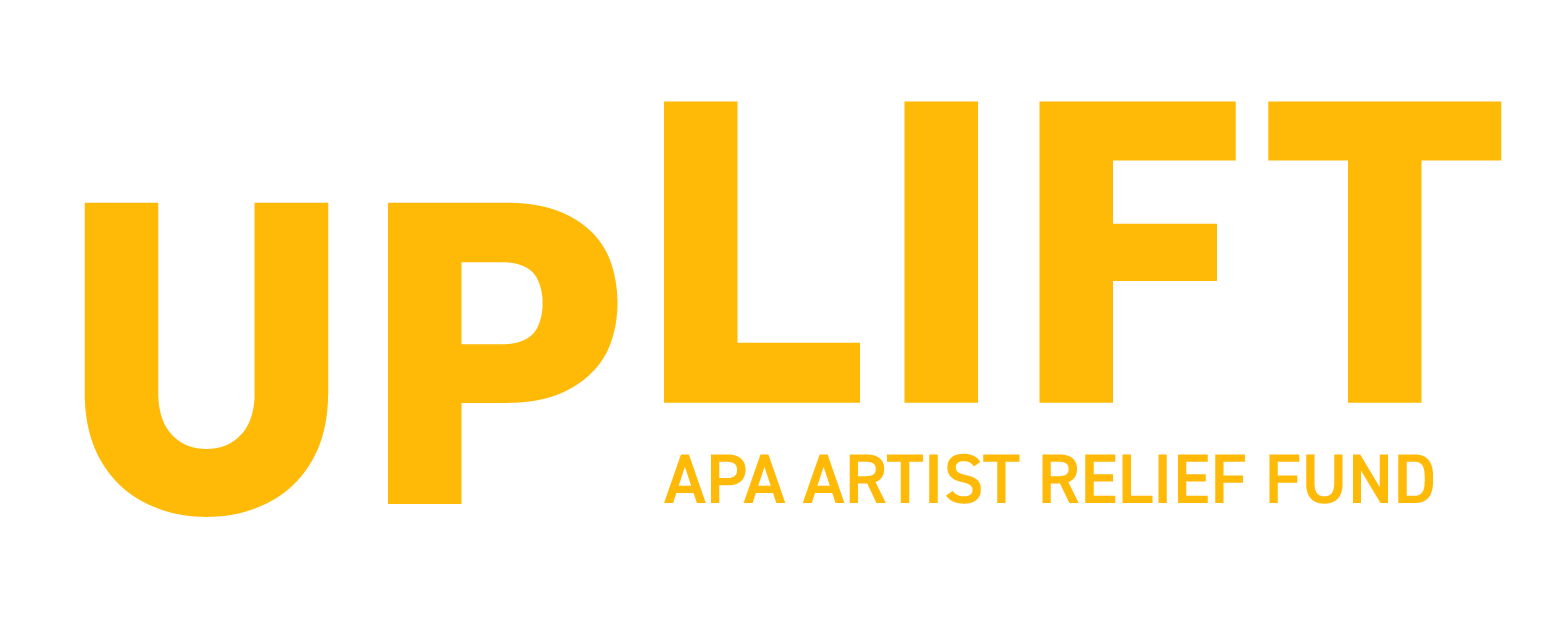 Wordmark of the word 'uplift' in all uppercase san serif yellow letters, with 'lift' lifted above the byline 'APA Artist Relief Fund.'